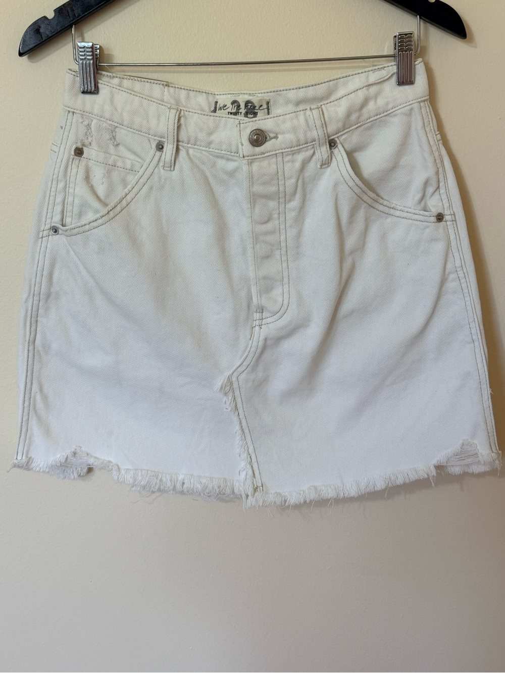 We the Free White Distressed Denim Mini Skirt